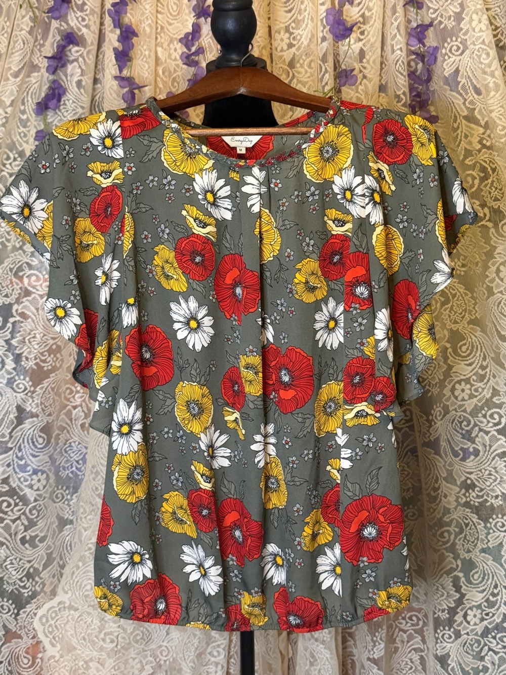 Everyday Floral Print Short Sleeve Blouse Green Red Yellow White Size Medium